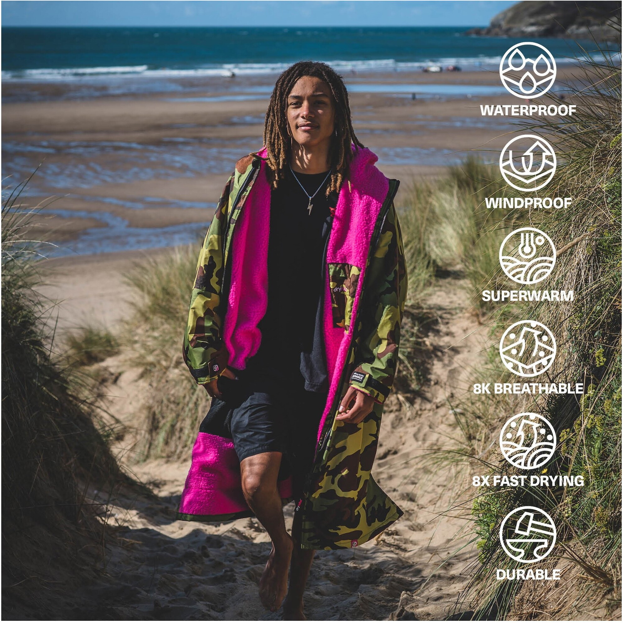 2025 Dryrobe Advance Langarm-Umkleidemantel V3 DALSV3  Camo / Pink